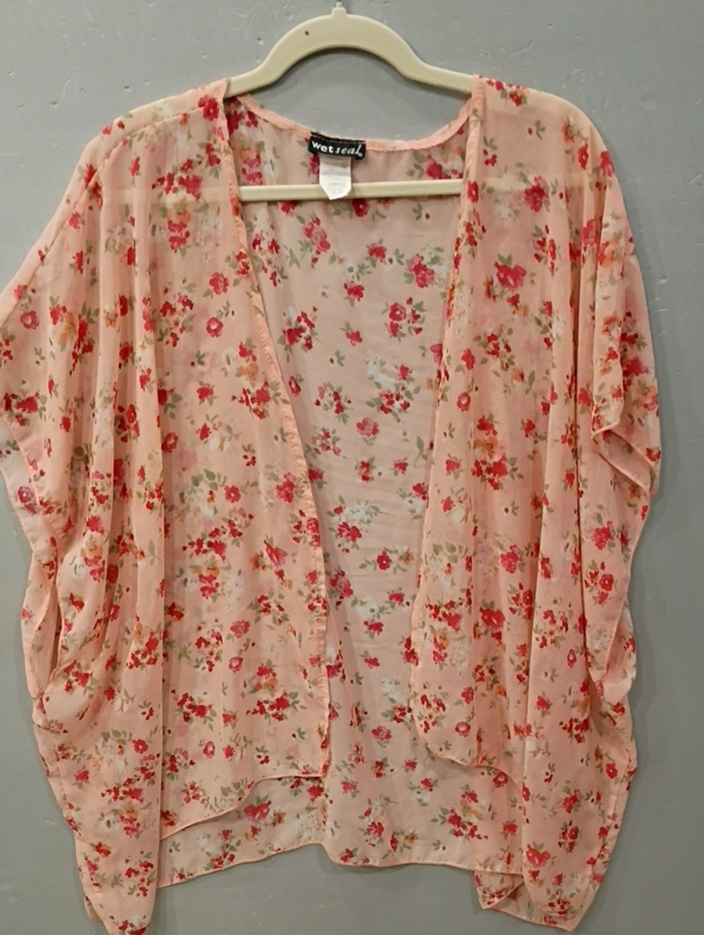 Vintage Wet Seal OS Coral/ Pink Floral Sheer Kimono Cardigan